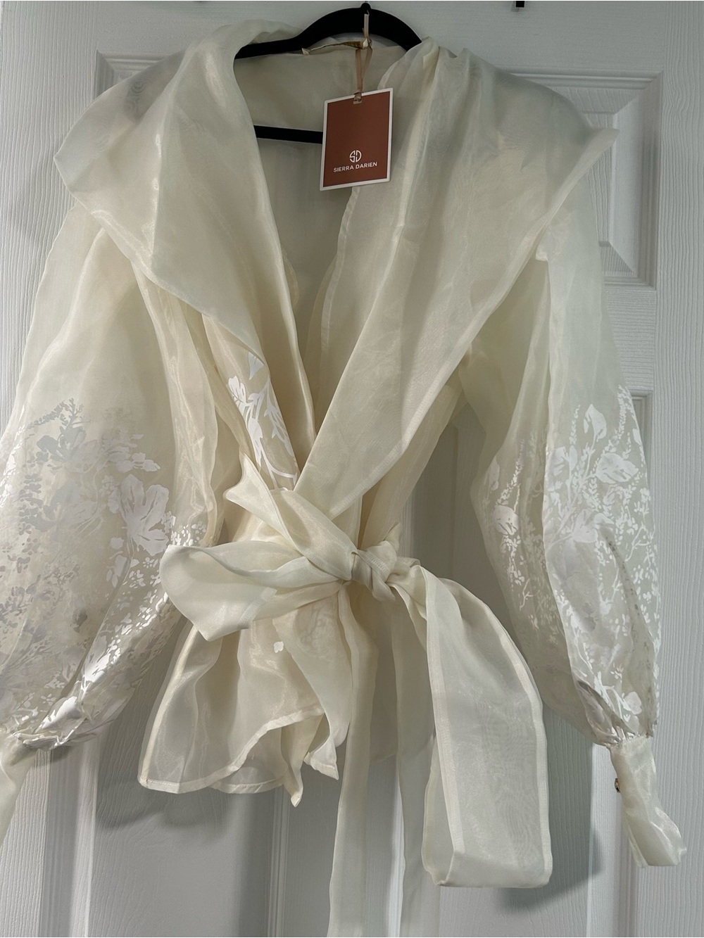 Sierra Darien Elegant White Sheer Organza Wrap Blouse with Floral Embroidery